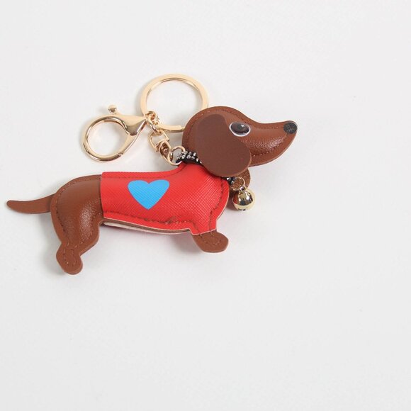 NWT 3D Vegan Leather Dachshund Dog Keychain & Bag Charm | Brown & Red - Picture 3 of 6